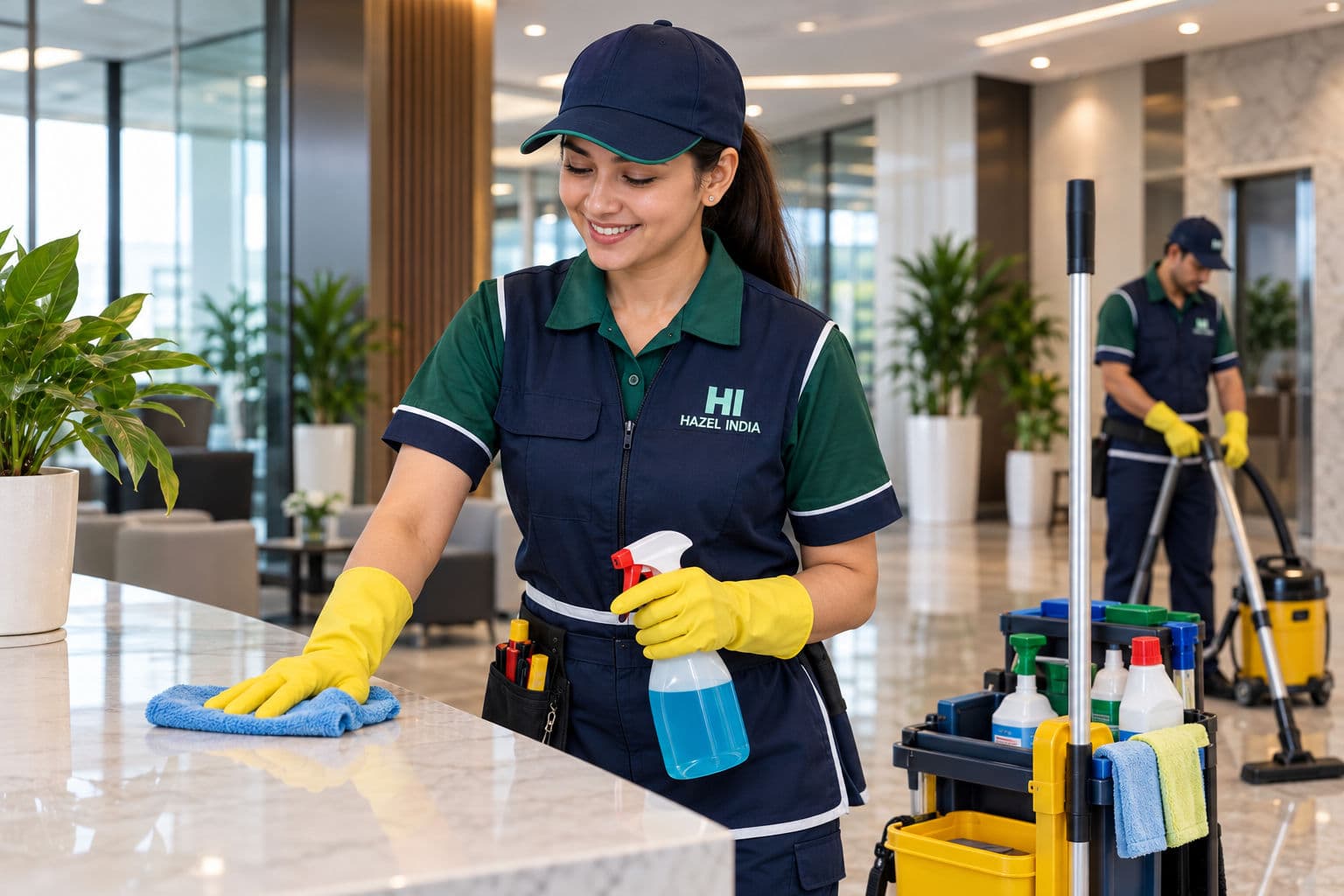 Hazel India housekeeping staff cleaning a modern office lobby in navy and green uniforms