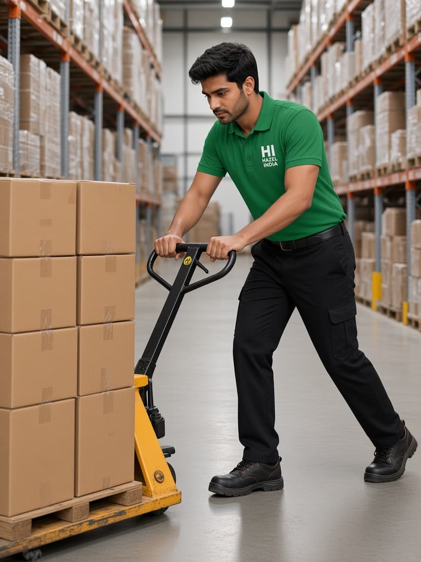 Hazel India logistics staff moving materials with a pallet jack in a green HI uniform