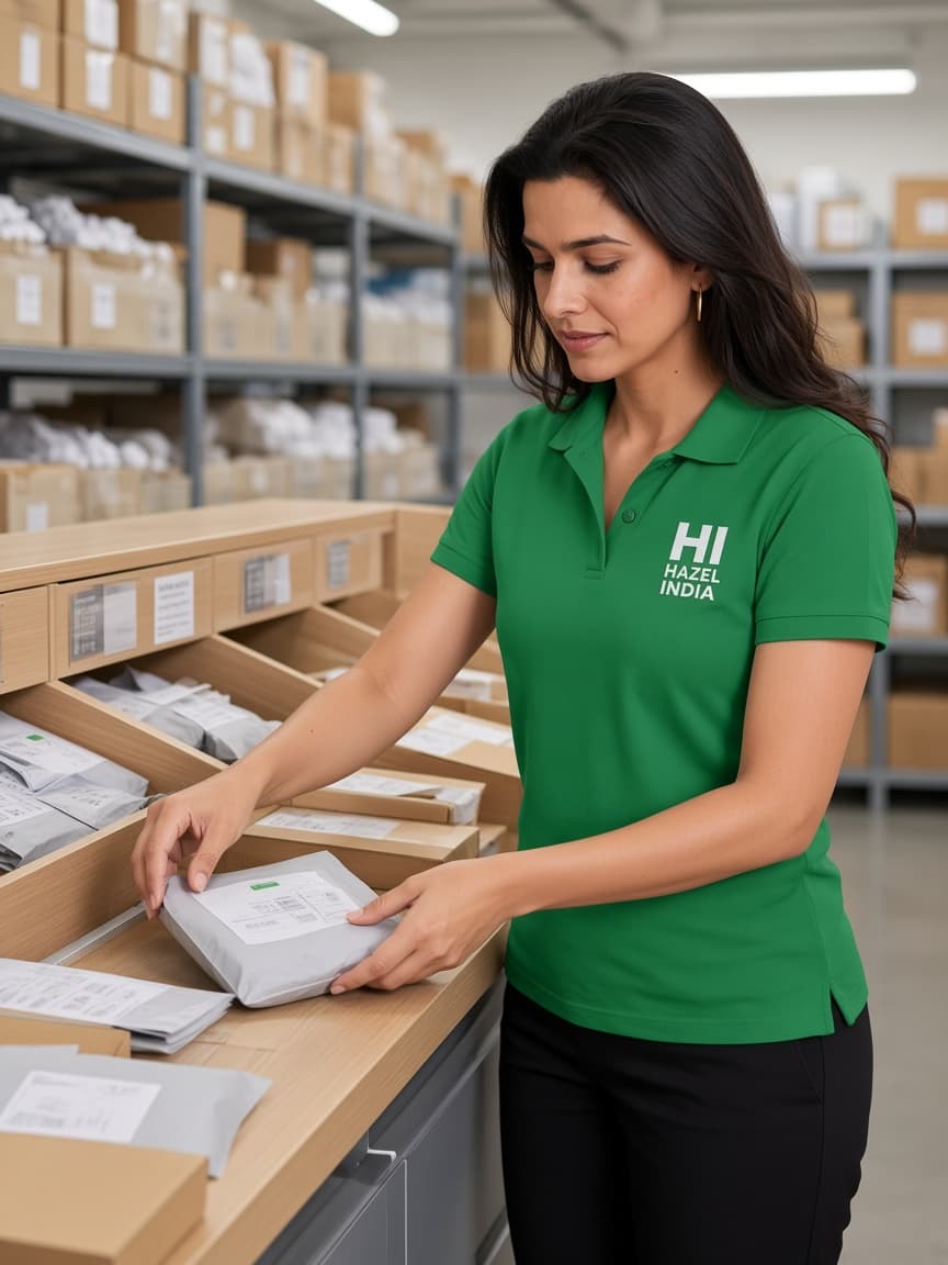 Hazel India mailroom staff sorting parcels in a green HI uniform