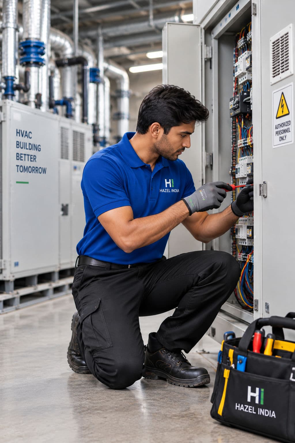 Hazel India MEP technician servicing an electrical panel in a blue HI uniform